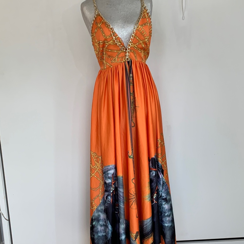 L'ATISTE.  Orange Gold Chain halter dress. NWT